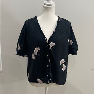 Ann Taylor Black Floral Button-Up Blouse
